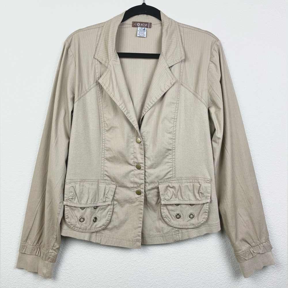 XCVI Women's Large Tan Canvas Snap Front Collared Shirt Jacket Neutral Pockets